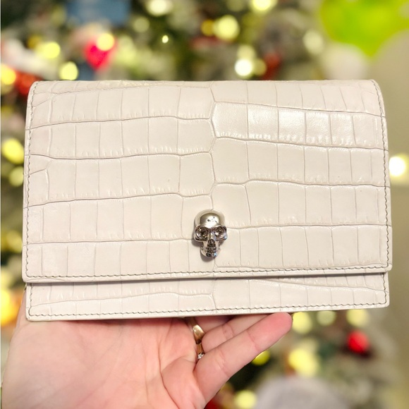 Alexander McQueen Handbags - Alexander McQueen Small Skull White Crocodile-Embossed Leather Crossbody Bag